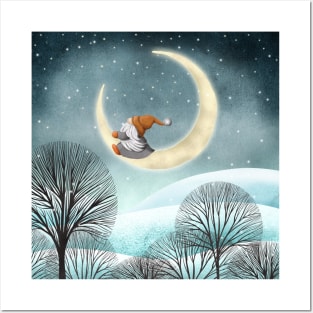 Scandinavian gnome and moon winter watercolor fantasy illustration. Swedish cute gnome in snow night forest. Posters and Art